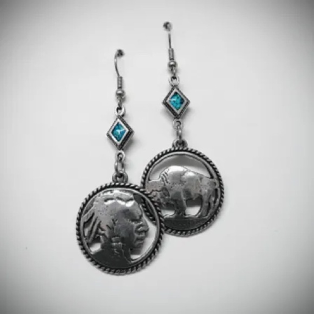 🦋Genuine Turquoise Pierced Nickel Buffalo & Native American Head Dangle Earrings